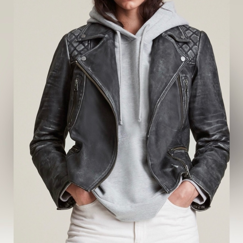 Gorgeous distressed All Saints Black Leather Jacket